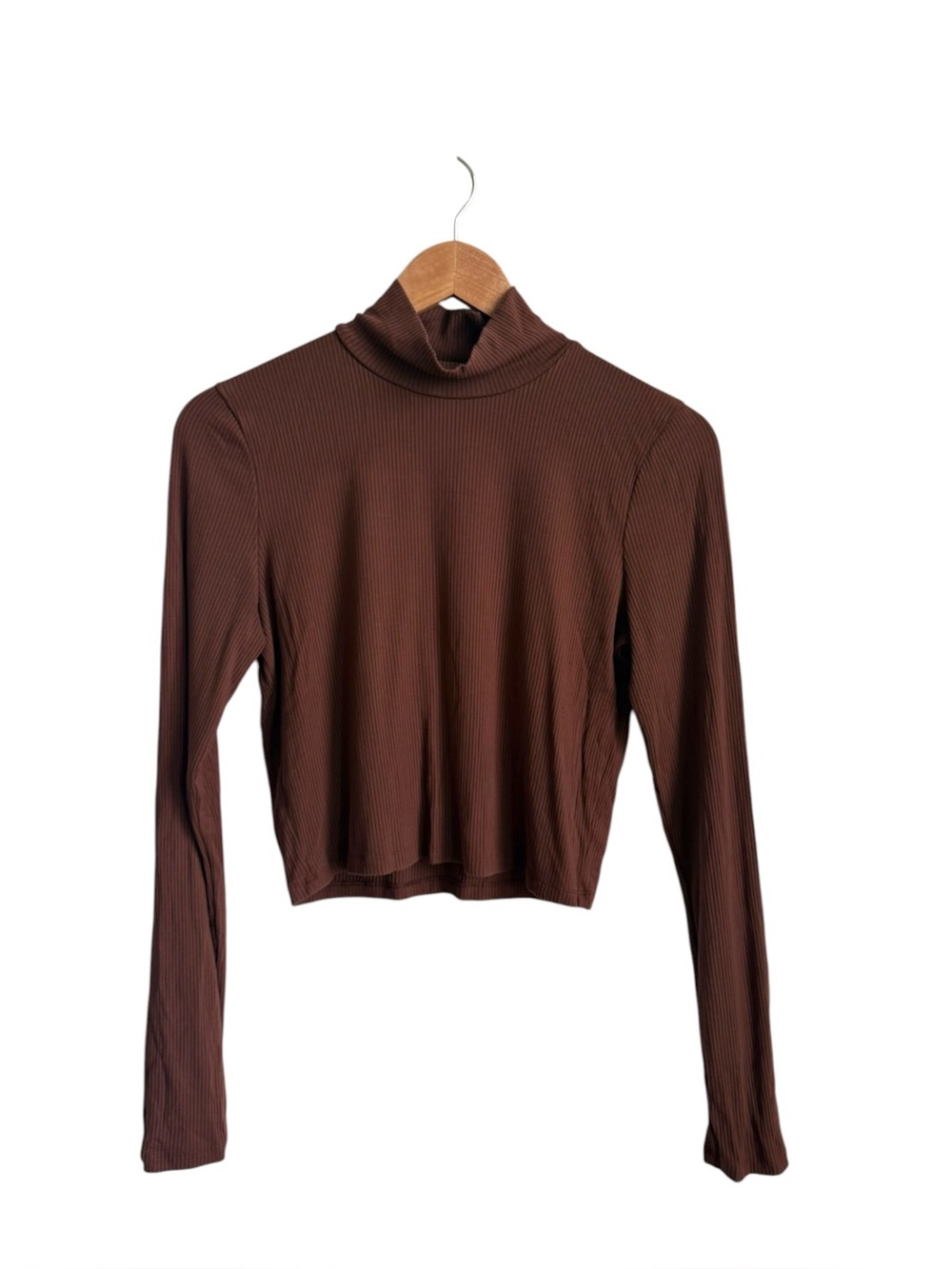 Wilfred Aritzia Brown Ribbed Cropped Mock Neck Long Sleeve Top Large
